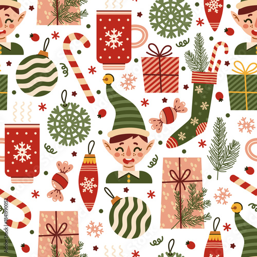 Christmas holiday seamless vector pattern. An elf helper in a hat, colorful gift boxes, a festive stocking with candies. Mug with seasonal drink, snowflake, baubles. Cartoon background for New Year