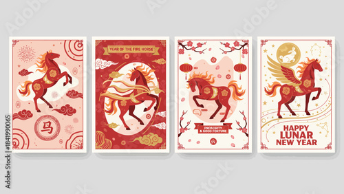 Lunar New Year Horse Zodiac Card Set with Traditional Designs.