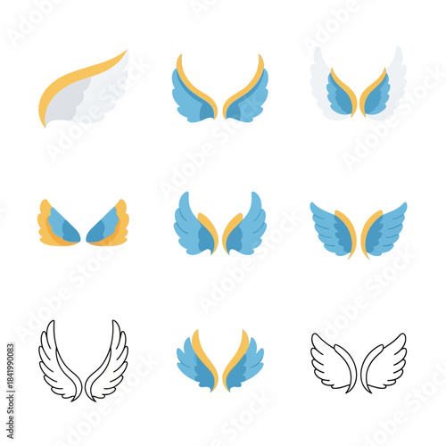Decorative Bird Wing Icons in Blue and Gold Feathered Styles