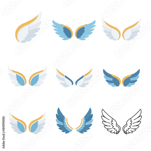 Angel Wing Icon Set Featuring Soft Feathered Blue and Gold Wing Designs