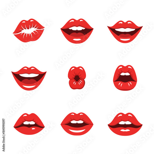 Glossy Lipstick Mouth Icons Showing Various Female Lip Expressions