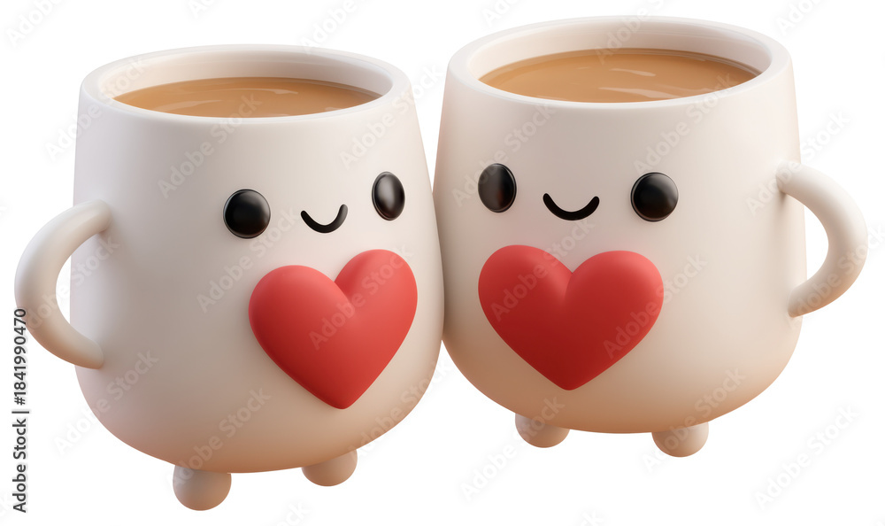 Obraz premium 3D Cute Cartoon Couple Mugs Icon, Two White Rounded Coffee Cups with Red Hearts and Happy Faces, Symbol of Dating and Love isolated on transparent background.