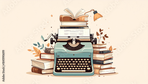 Fine Ink Vintage Typewriter & Book Doodles for Literary Invitation