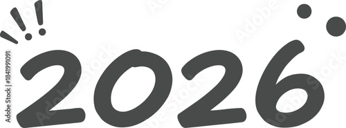 Hand-drawn, playful, and minimalist logo for the year "2026," featuring a thick, rounded dark grey font with subtle exclamation and dot embellishments for a casual festive greeting.