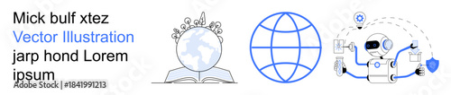 Education, technology, AI, global communication, knowledge sharing, internet services. Open book with a globe, globe icon robot with shield. Education and technology concepts