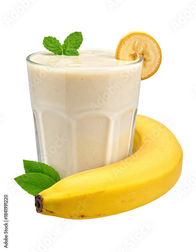 Creamy mexican licuado, a thick banana milkshake-like smoothie in a tall glass, isolated on a white background