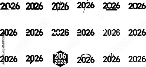 A diverse collection of sixteen black silhouette designs of the year "2026," showcasing various modern, abstract,