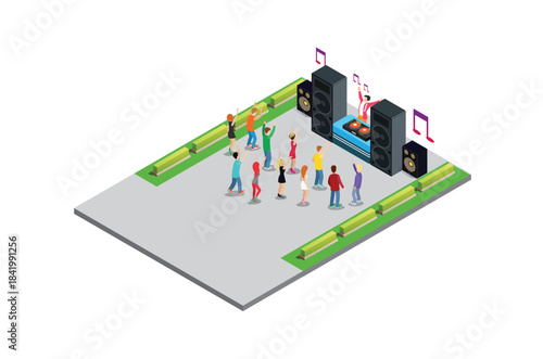 Music Disk jockey Festival Illustration Concept 3d Isometric View of Party Elements,people dance. Concert Background and Stage Landscape. Musical Event vector illustration
