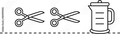 A simple line art illustration featuring an appliance, likely a blender or kettle, standing next to two open scissors poised above a horizontal dotted or dashed cut-line.