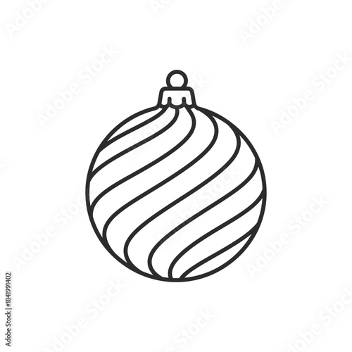 Black and white line art of a christmas ornament with swirling stripes