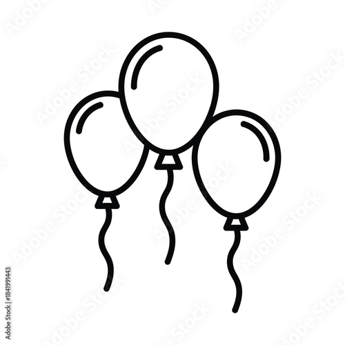 A simple line drawing of three balloons tied together with ribbons on a