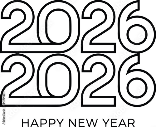 Minimalist and modern typography featuring the year 2026 written in a black double-line outline style, repeated twice,