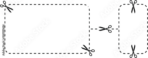 A vector set of various dotted line frames and borders with scissors at the corners, clearly indicating "cut here" points for coupons, tickets, or official documents requiring separation.