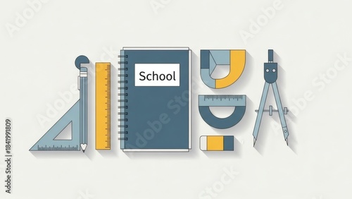School Supplies Illustration with Notebook and Geometry Tools