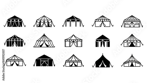 Collection of tent illustrations in black and white suitable for various design projects