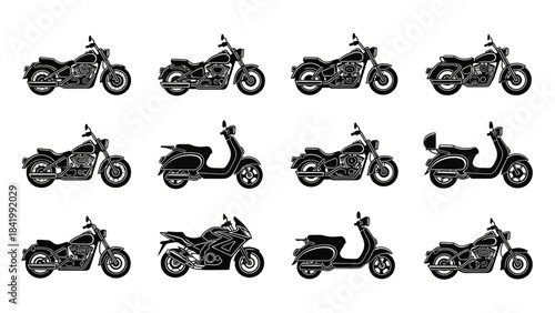 Collection of various motorcycle illustrations in black and white vector style