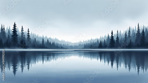 A highly minimalist and serene watercolor landscape focusing on a still lake reflecting a backdrop of dark, distant mountains under a low, overcast winter sky. 