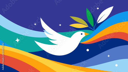 Abstract colorful illustration of a flying white dove symbolizing peace and hope
