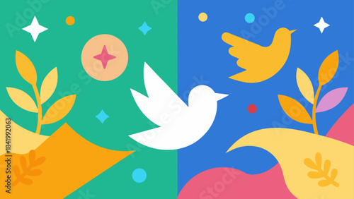 Colorful Abstract Vector Illustration with Peace Dove and Nature Elements