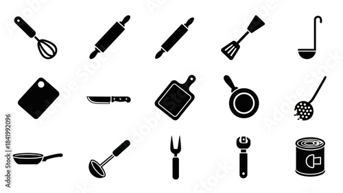 Black and white kitchen utensils set isolated on white background