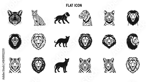 Black and white vector illustrations of various wild cat species