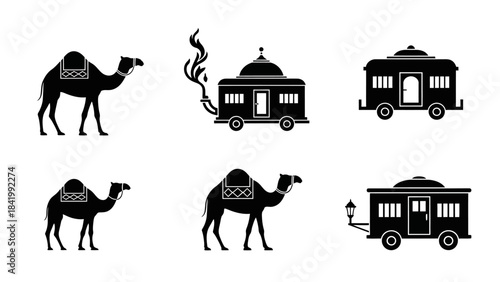 Black silhouette images of camels and caravans in various compositions