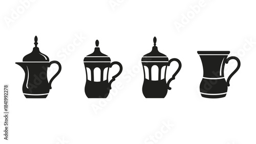 Black silhouette illustrations of traditional coffee pots and tea cups