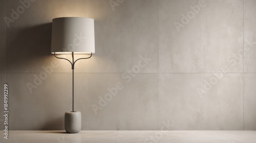 An elegant minimalist floor lamp with a slender metal fixture and round base stands against textured concrete walls,