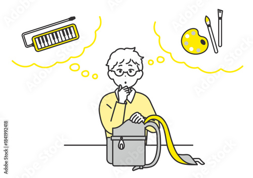 翌日の学校の持ち物を思い出そうとしている男の子のイメージイラスト