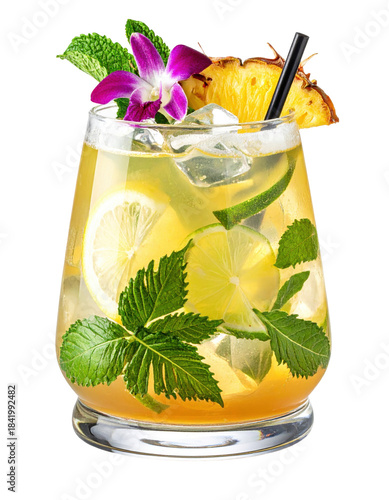 Tropical painkiller tiki cocktail in a tall glass, a creamy blend of rum, pineapple, and coconut, professionally captured isolated on white background