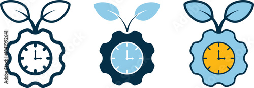 Three flower-shaped clock icons with leaf accents, each showing 3:00. Symbolizes natural time cycles, sustainable growth, and eco-productivity. Ideal for green tech and editorial visuals.