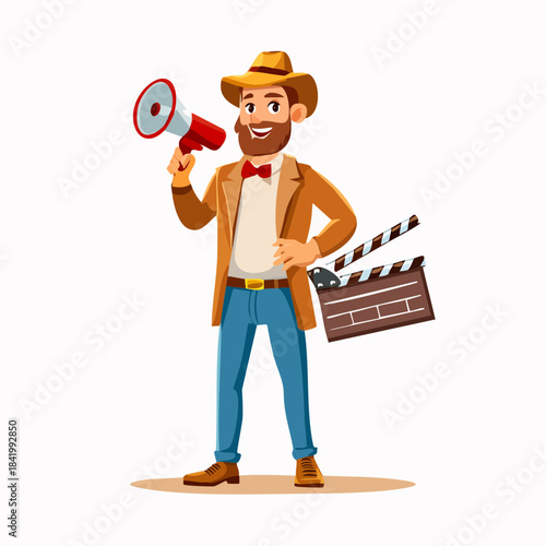 Enthusiastic Film Director Character Holding Megaphone and Clapperboard, Ready for Production