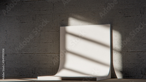 Minimalist 3D studio setup with curved white backdrop and dramatic shadows. Ideal for product display, branding mockups, and modern design presentations.