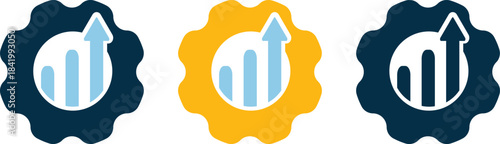 Three gear icons with bar charts and upward arrows, symbolizing growth, performance metrics, and improvement. Ideal for business analytics, productivity dashboards, and tech visuals.