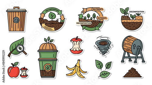 Composting Stickers Collection Organic Waste Recycling Vector Set