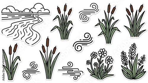 Nature Elements Stickers River, Plants, and Wind Graphics