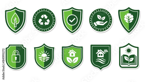 Green Shields Eco-Friendly Protection Icons for Sustainable Living & Conservation