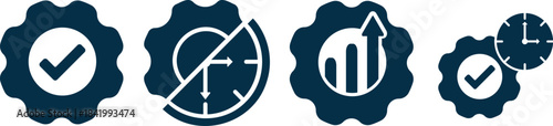 Gear-themed icons representing approval, time management, performance growth, and efficiency. Ideal for business visuals, productivity apps, and organizational infographics