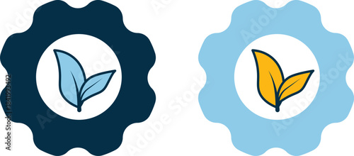 Two gear-shaped icons with leaf centers in blue and yellow tones, symbolizing eco themes or category distinction. Ideal for branding, UI design, or sustainability-focused visuals.