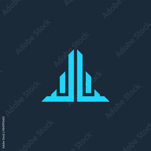 Abstract blue geometric logo resembling a modern building or upward-pointing arrow on a dark background.