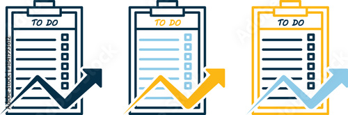 Three “TO DO” clipboard icons with upward arrows overlaying task lists, symbolizing progress, productivity, and goal tracking. Ideal for planning visuals, workflow apps, and editorial use.
