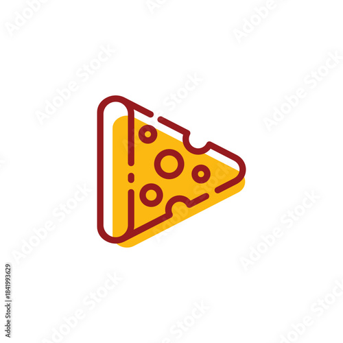 A stylized pizza slice in the shape of a play button, featuring yellow and red colors with circular details, on a white background.