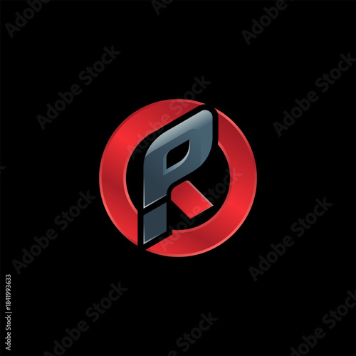 A modern, metallic grey and red letter R logo design, partially enclosed within a bold red circular frame on a solid black background.