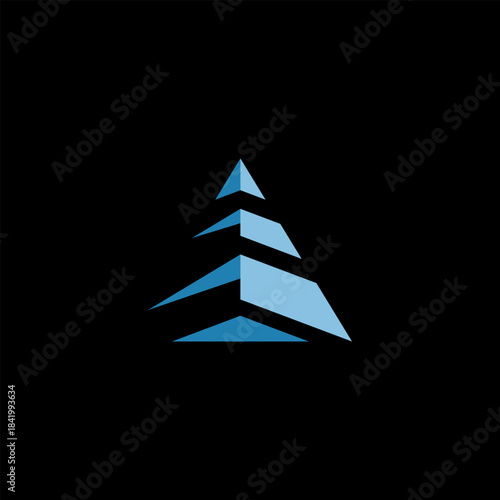 Abstract blue layered geometric pyramid shape on a black background, resembling a modern architectural structure or a stylized mountain peak.