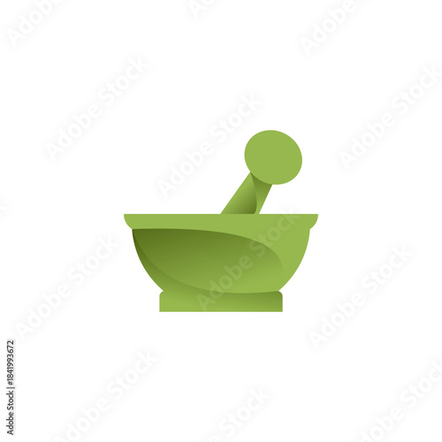 Green mortar and pestle icon, a traditional tool for grinding and mixing ingredients, often used in pharmacy or cooking.