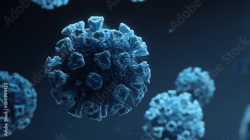 Blue, textured, spiky, spherical forms float in dark space, appearing microscopic/organic