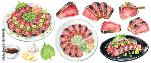 鰹のタタキのイラストセット（土佐料理・和食）,カツオ,ネギ,ニンニク,刺身,海鮮,水彩風,リアルイラスト