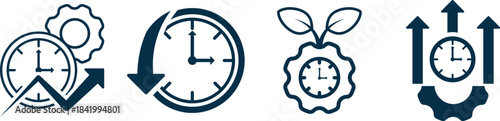 Clock-based icons with gears, arrows, and leaves, symbolizing time tracking, eco-efficiency, productivity growth, and scheduling. Ideal for business, workflow, and sustainability visuals.