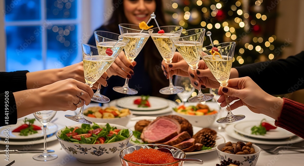 Fototapeta premium Group of Friends Toasting Champagne Glasses at Holiday Dinner