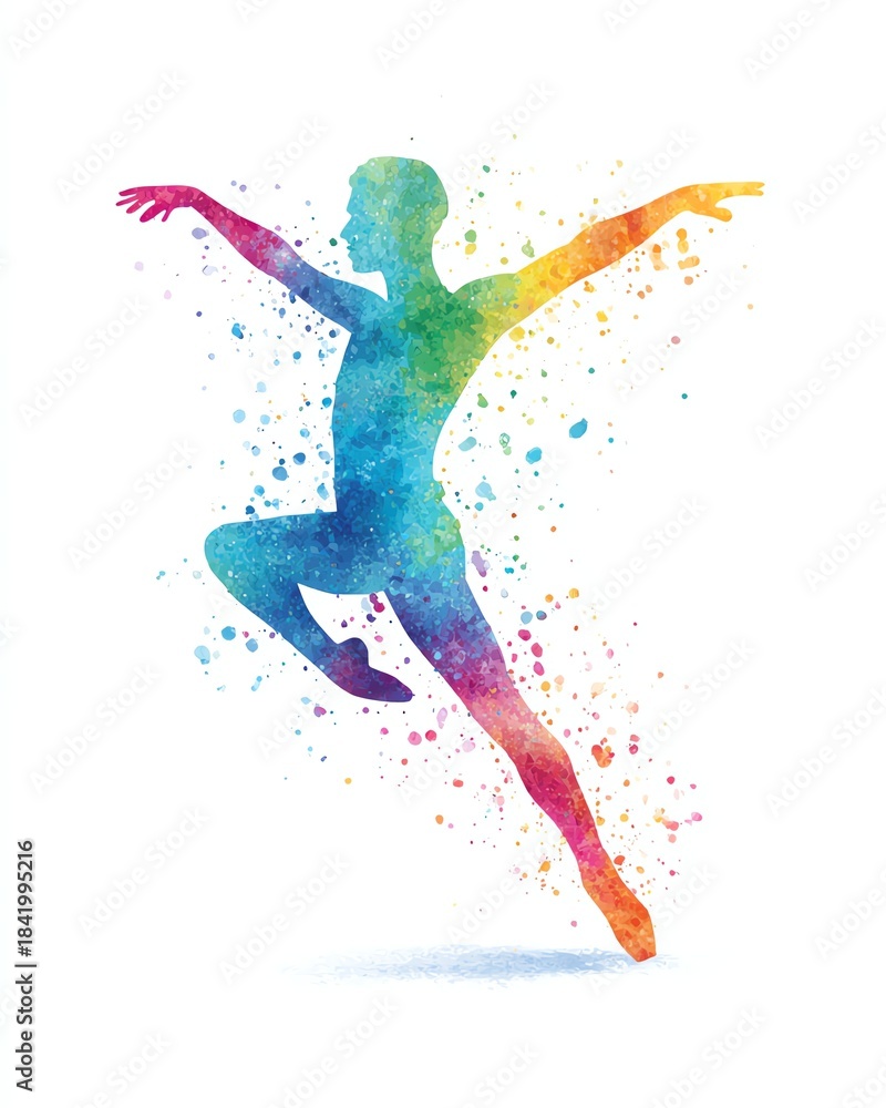 Naklejka premium 1) Watercolor splatter silhouette of a ballet dancer in grand jete